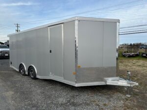2025-CARGO-PRO-8.5X20-ENCLOSED-CAR-HAULER-ESCAPE-DOOR-SPARE-TIRE-SPOILER-4.jpg Cargo Pro 8.5 x 20 Aluminum V-Nose Car Hauler – Escape Door